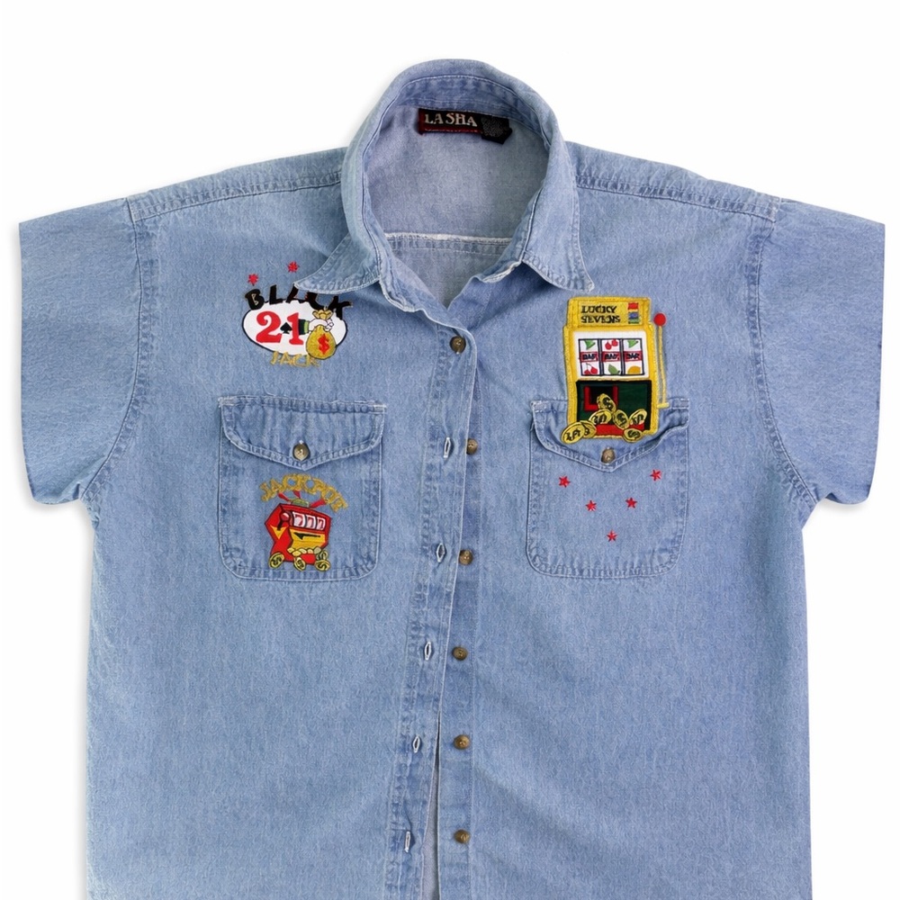 Vintage Denim Shirt Women Large Embroidered Casino Las Vegas Western Button Up